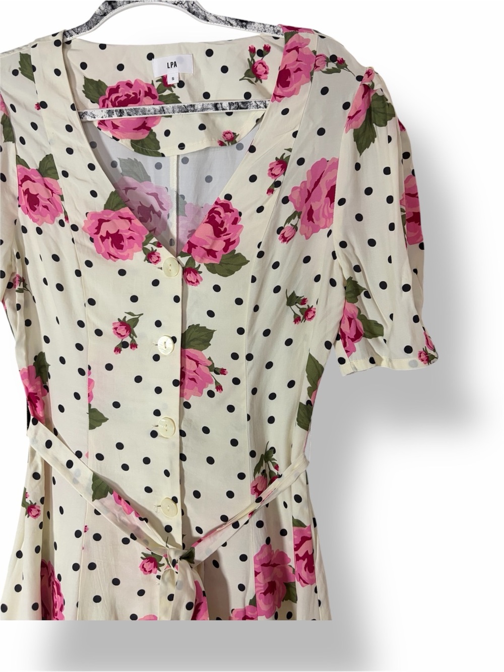 LPA Bambina Dress in Dotty Rose Floral Polkadot Button Front Belted Midi S - Picture 5 of 9